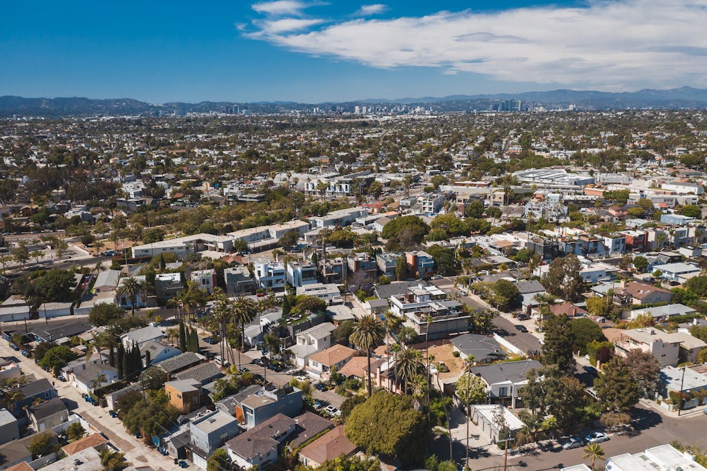 Aerial image capturing a sprawling residential area with a distant city skyline under a clear blue sky.